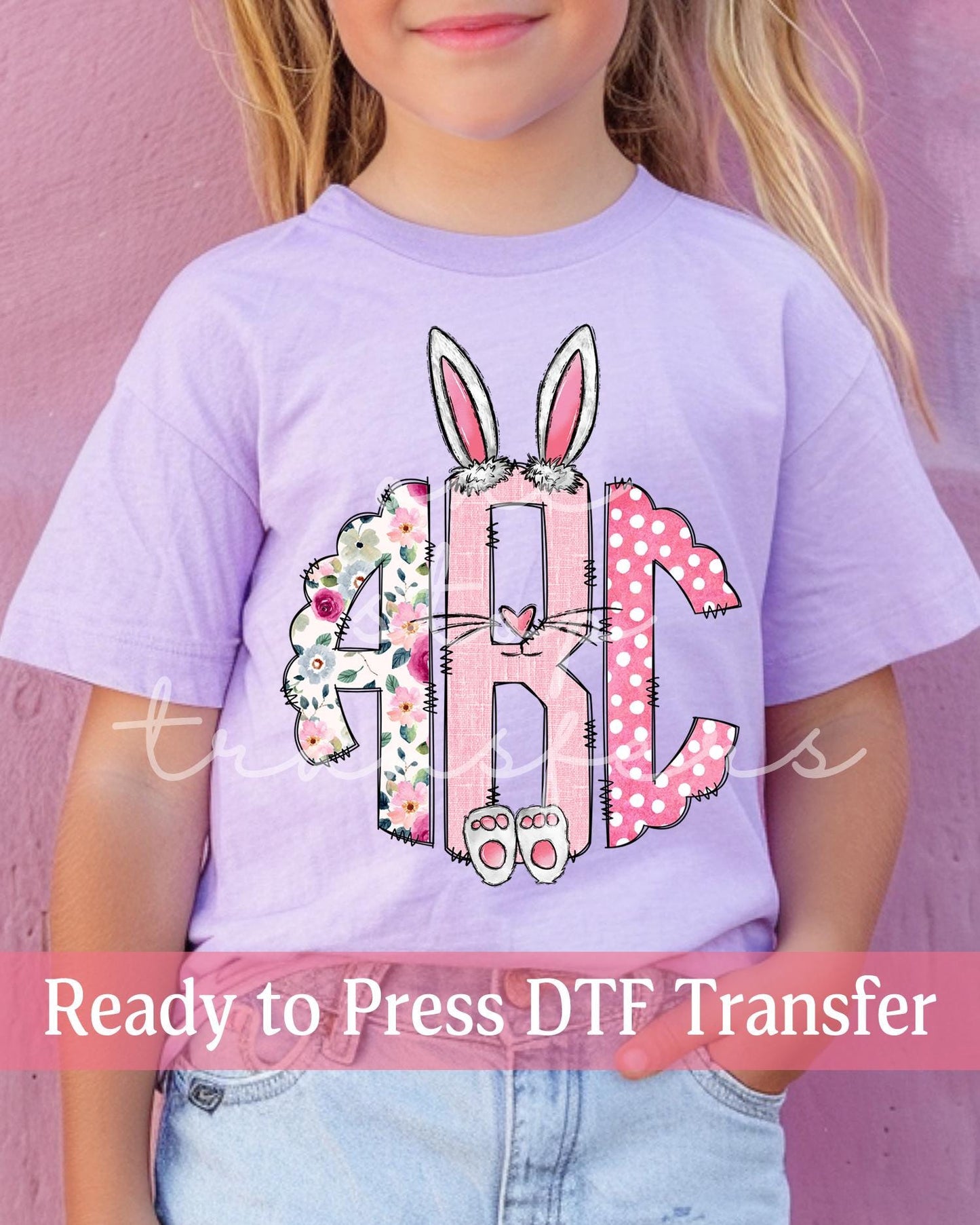 Preppy Pink Floral Easter Bunny Monogram - Ready to Press DTF Transfers