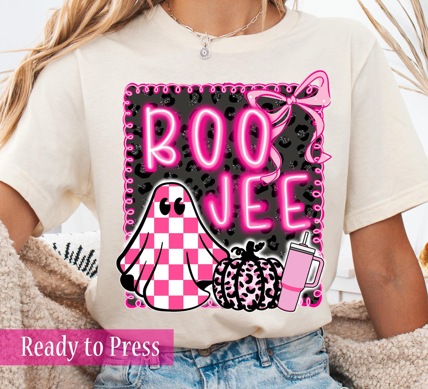 Trendy Neon Hot Pink Halloween Checker Ghost Scallop Frame BOOJEE - Ready to Press DTF Transfers