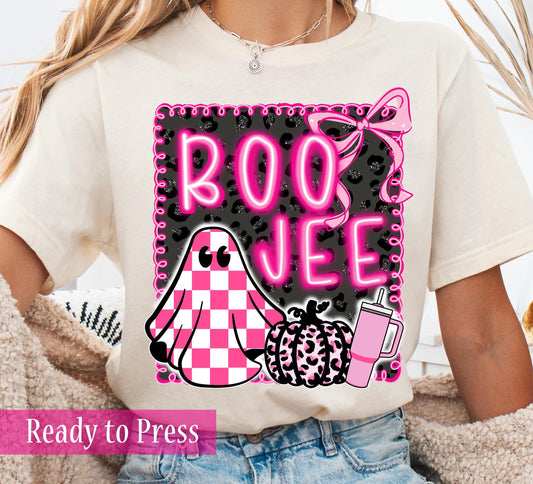 Trendy Neon Hot Pink Halloween Checker Ghost Scallop Frame BOOJEE - Ready to Press DTF Transfers