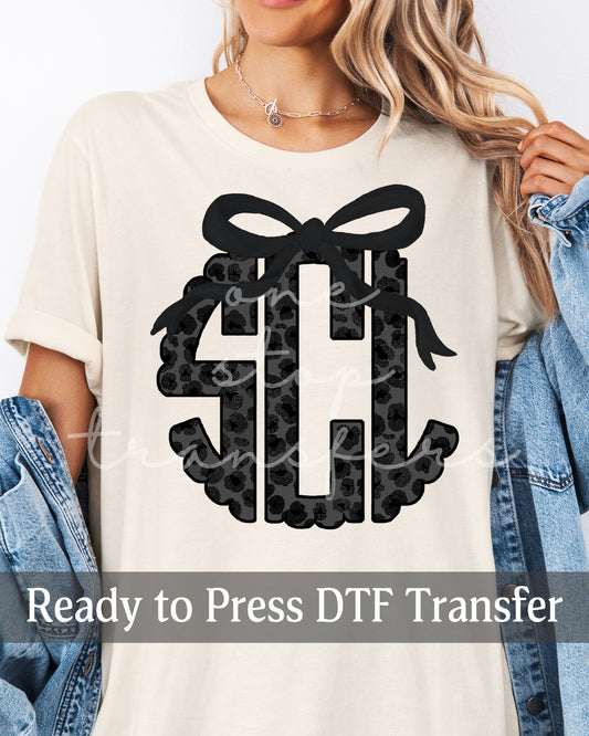 Girly Coquette Black Faux Glitter Leopard Monogram - Ready to Press DTF Transfers