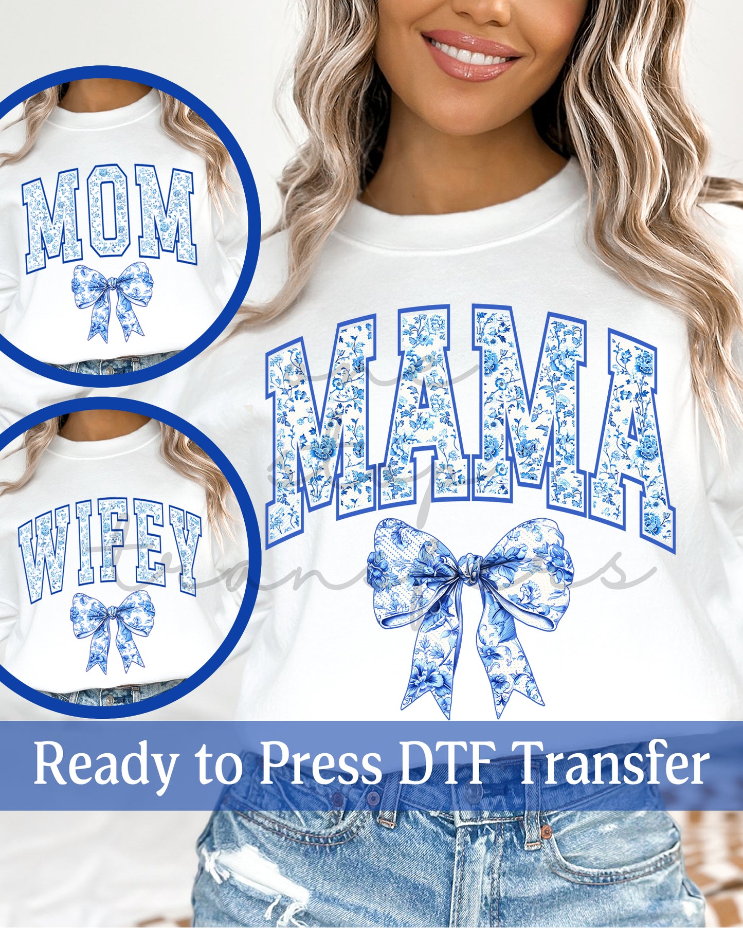 Blue Chinoiserie Coquette Mama, Mom, Wifey - Ready to Press DTF Transfers