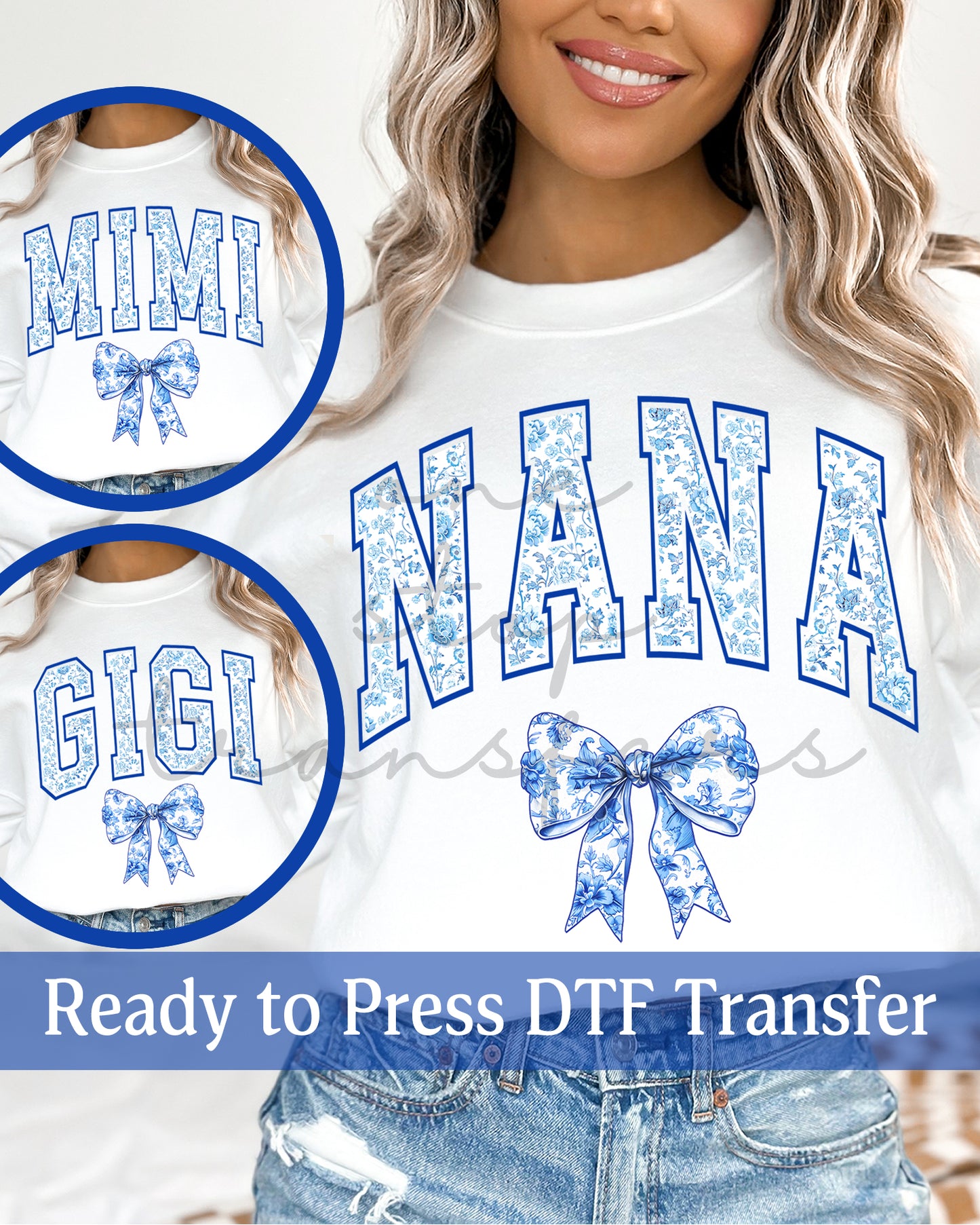 Blue Chinoiserie Coquette Nana, Mimi, Gigi - Ready to Press DTF Transfers