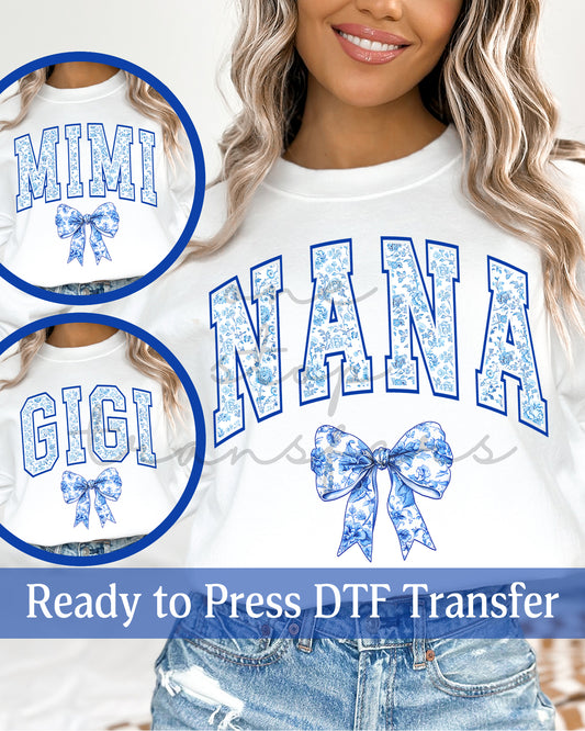 Blue Chinoiserie Coquette Nana, Mimi, Gigi - Ready to Press DTF Transfers
