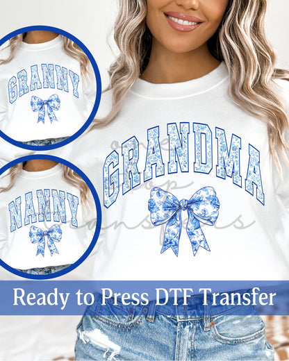 Blue Chinoiserie Coquette Grandma, Granny, Nanny - Ready to Press DTF Transfers
