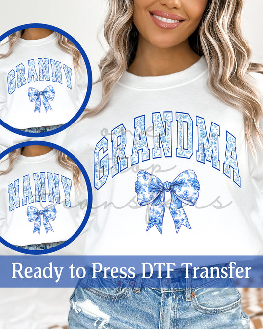 Blue Chinoiserie Coquette Grandma, Granny, Nanny - Ready to Press DTF Transfers