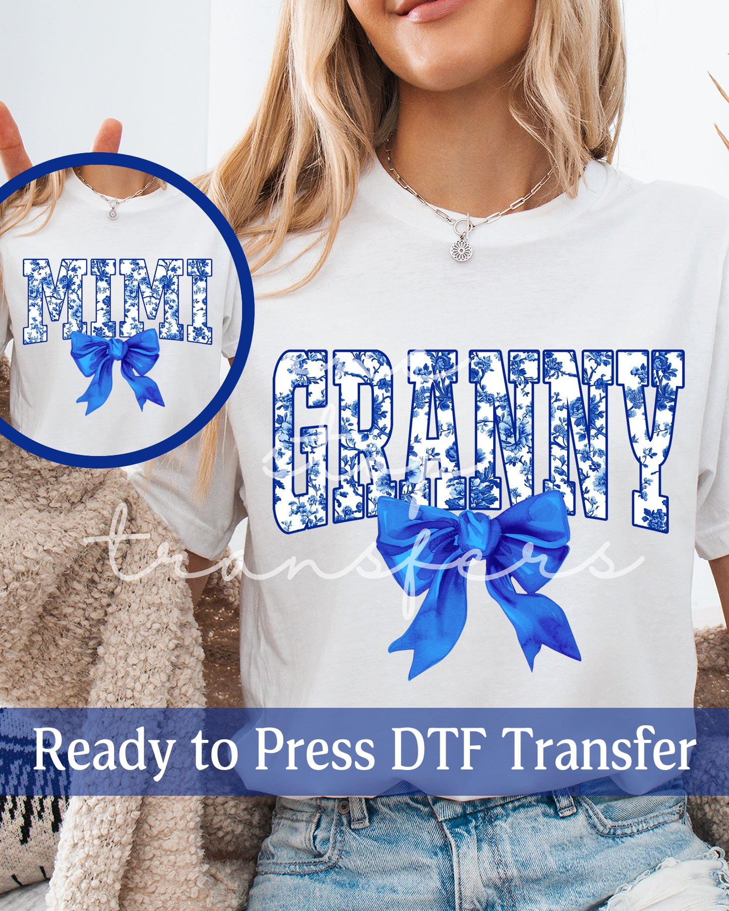 Blue Varsity Chinoiserie Granny, Mimi - Ready to Press DTF Transfers