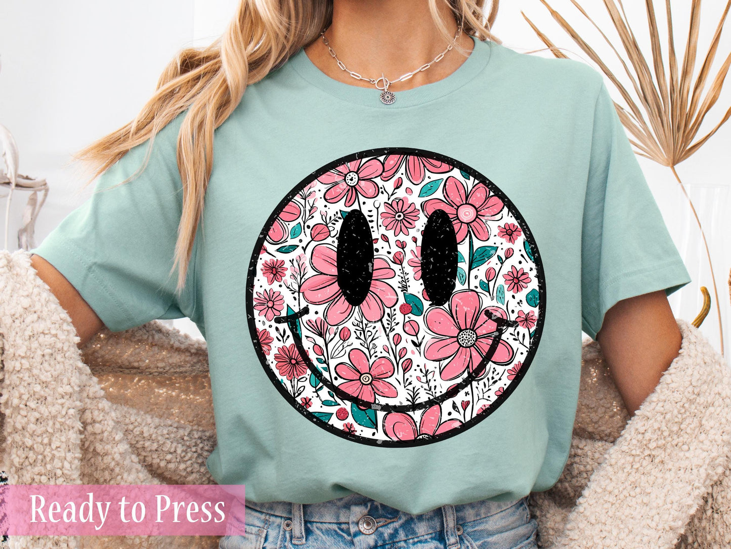 Pink Flowers Smiley Face - Ready to Press DTF Transfers