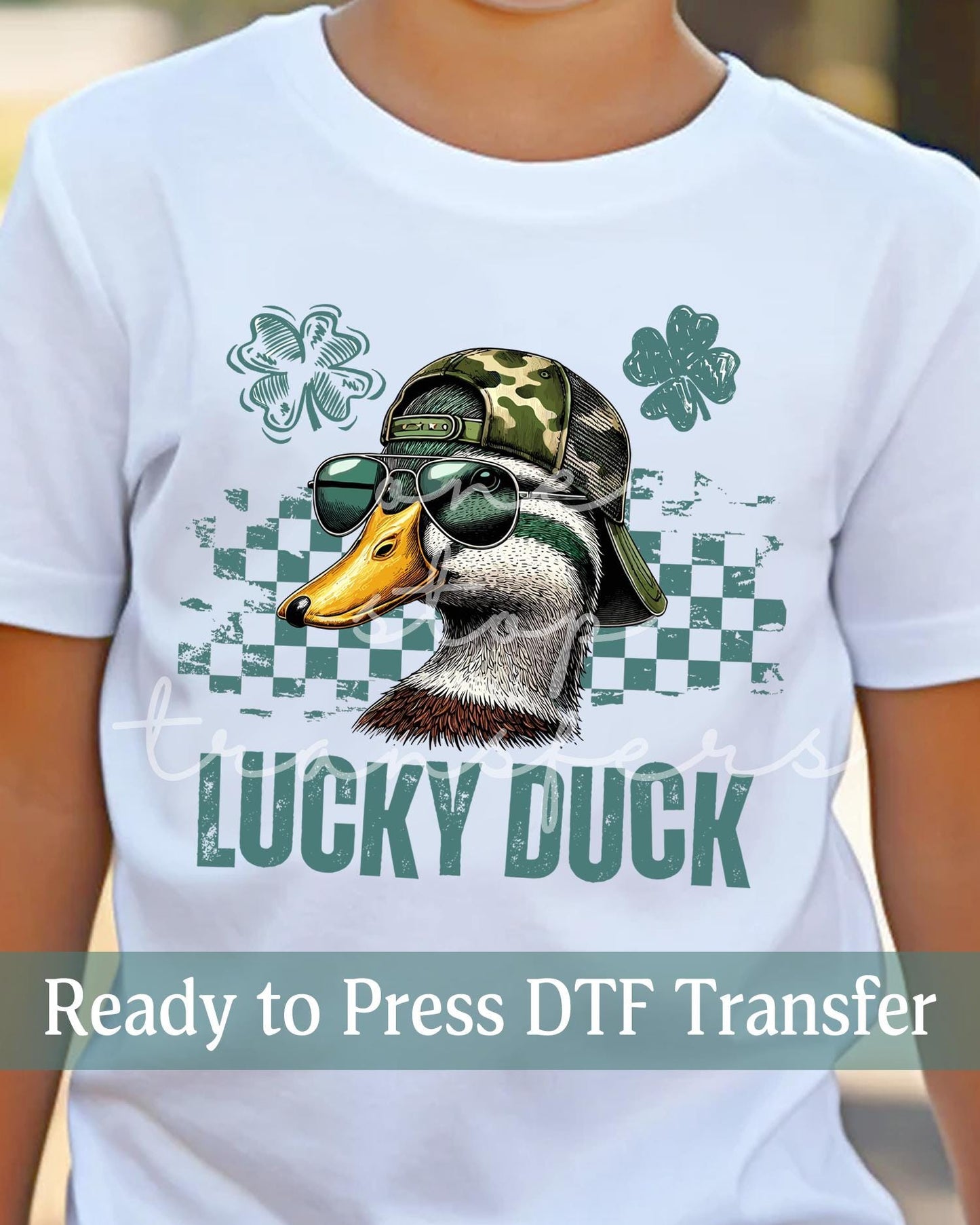 St. Patrick's Day Checker Lucky Duck Boy Camo Hunting- Ready to Press DTF Transfers