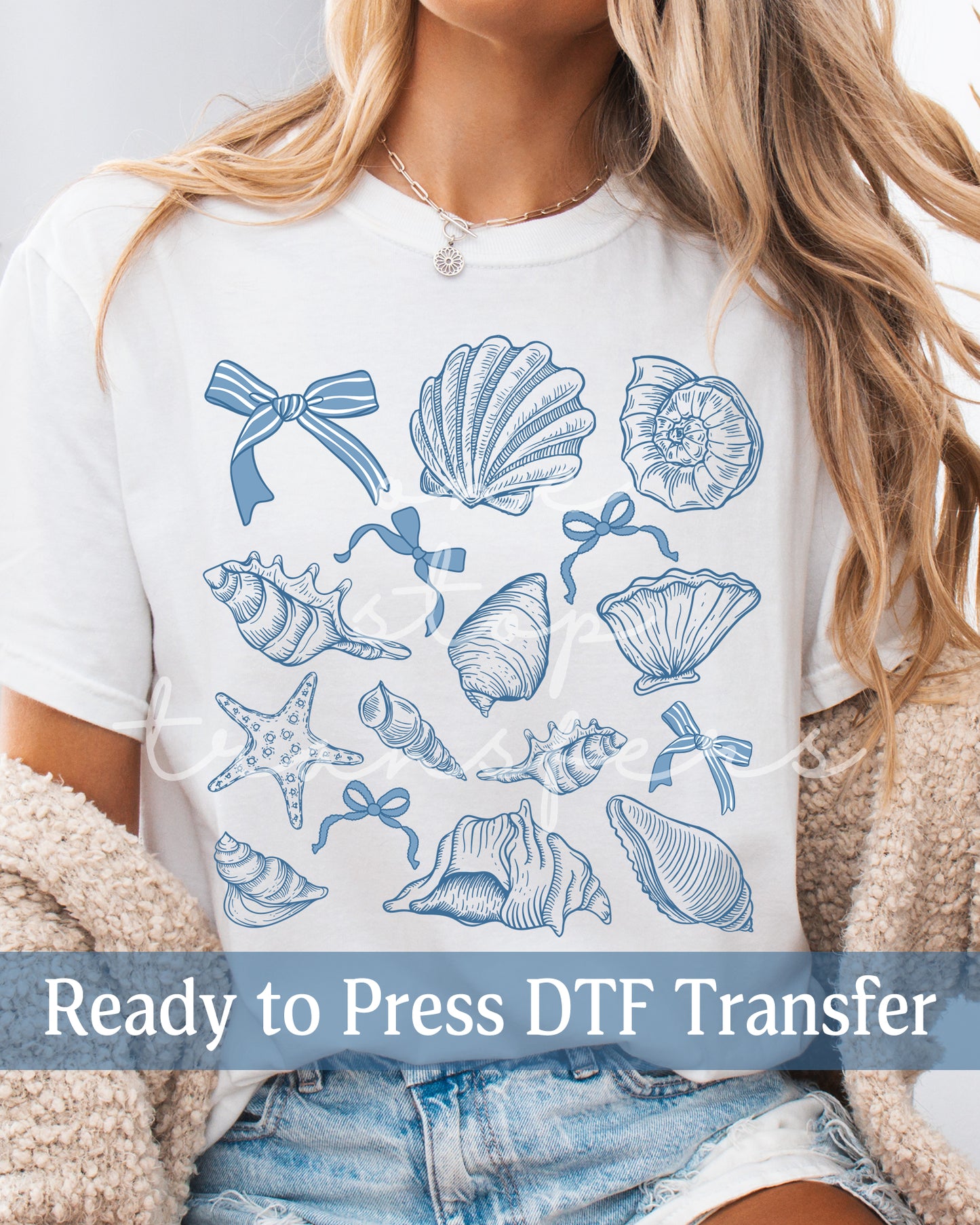 Coquette Preppy Blue Seashells - Ready to Press DTF Transfers