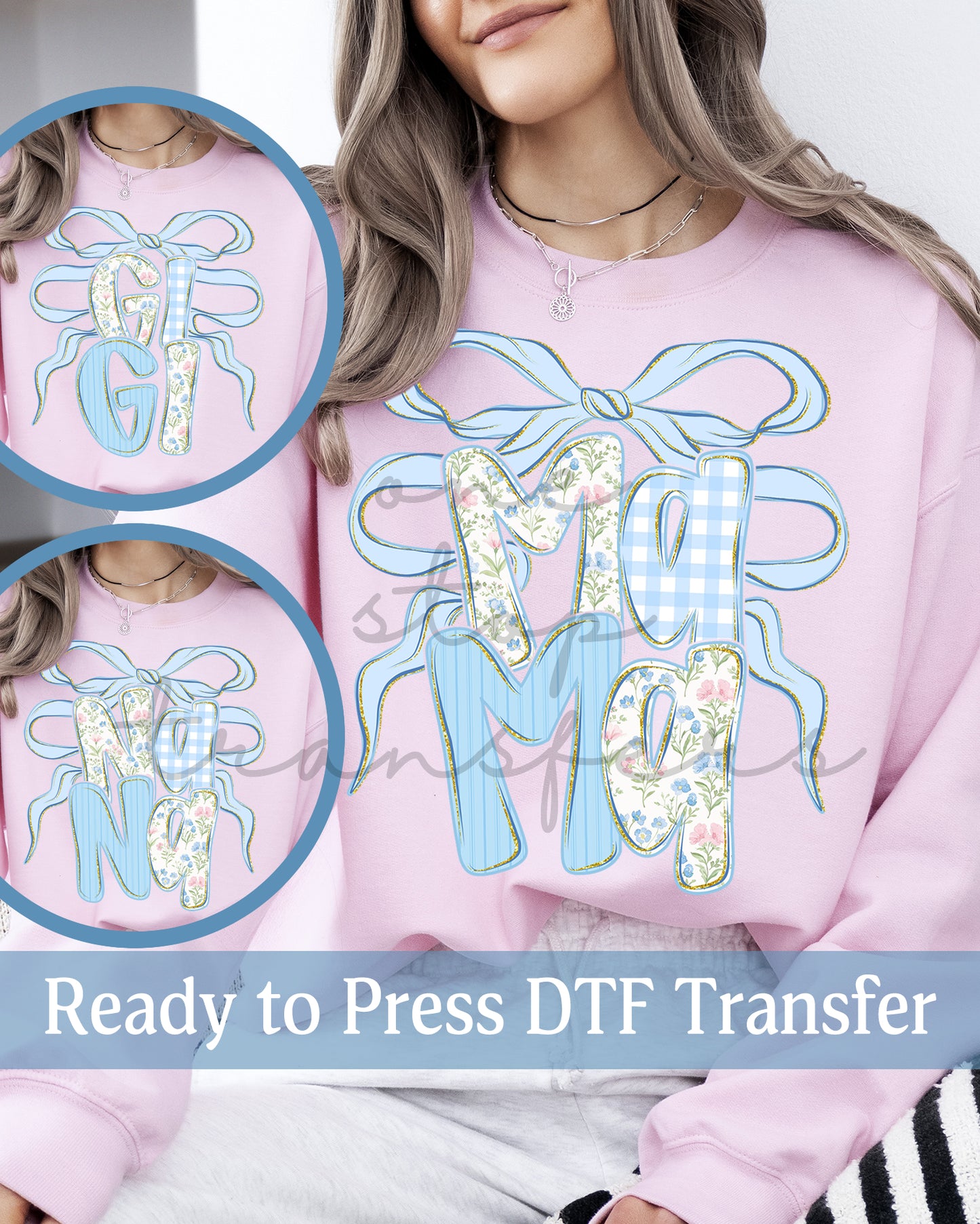 Blue Preppy Floral Coquette Mama, Gigi, Nana - Ready to Press DTF Transfers
