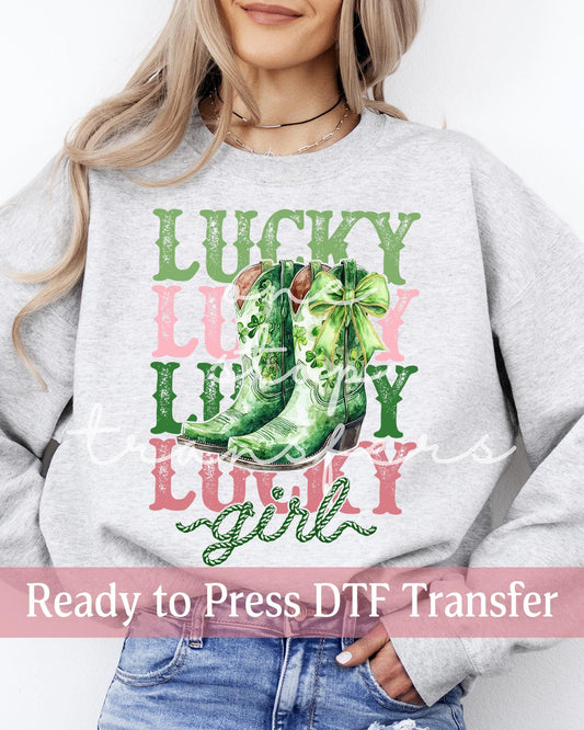 St. Patrick's Day Stacked LUCKY Girl Cowboy Boots- Ready to Press DTF Transfers