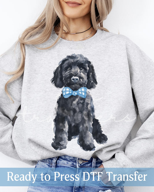 Preppy Watercolor Blue Bow Tie Black Goldendoodle - Ready to Press DTF Transfers
