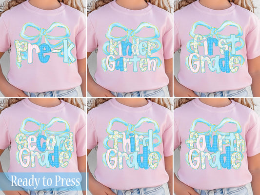 Preppy Blue Coquette Floral and Stripes School Grades - Ready to Press DTF Transfers