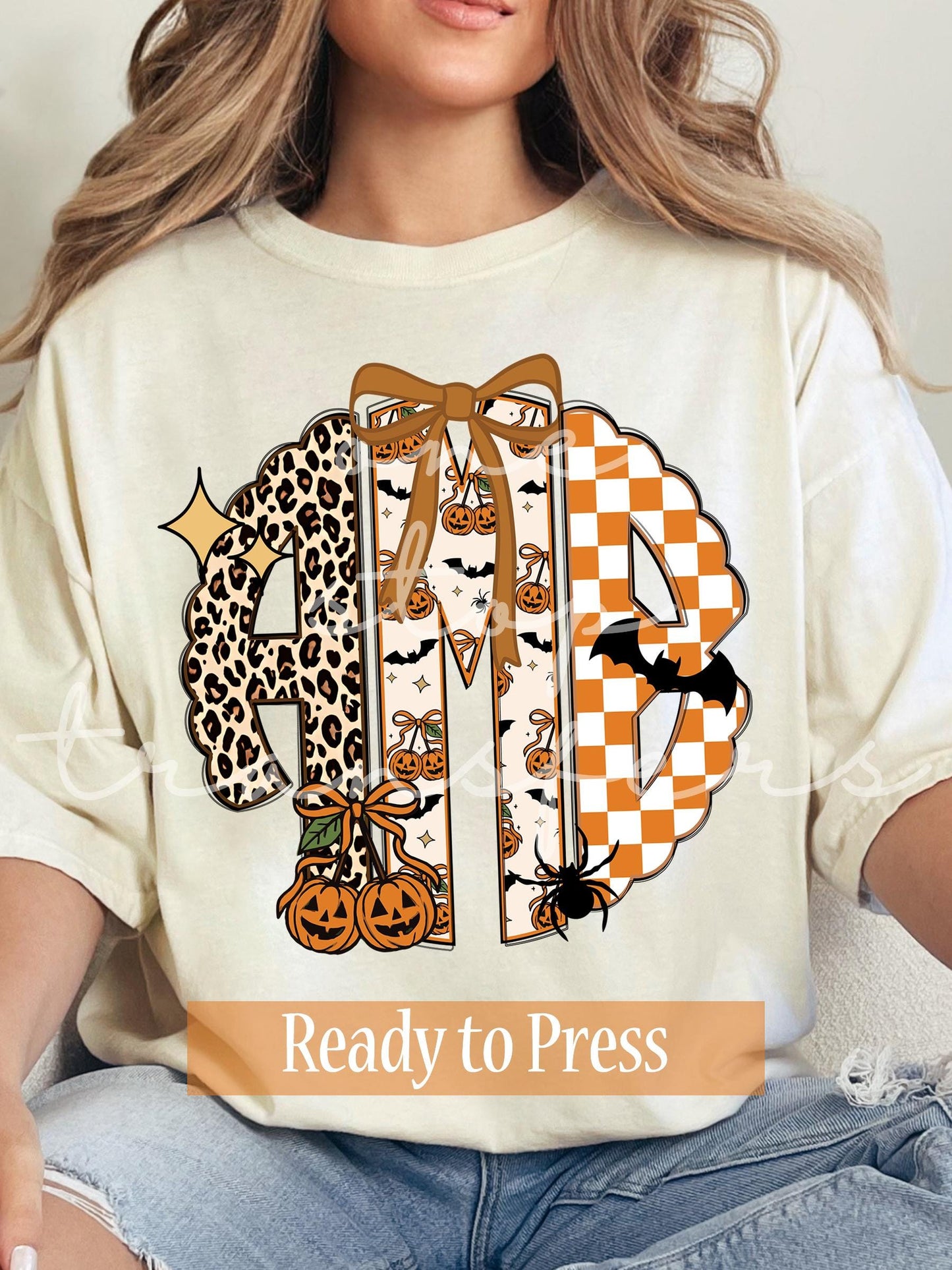 Preppy Halloween Leopard Checker Scallop Circle Monogram - Ready to Press DTF Transfers