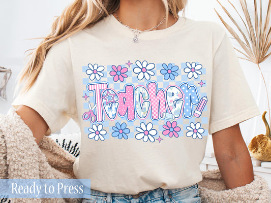 Checker Boho Floral TEACHER - Ready to Press DTF Transfers