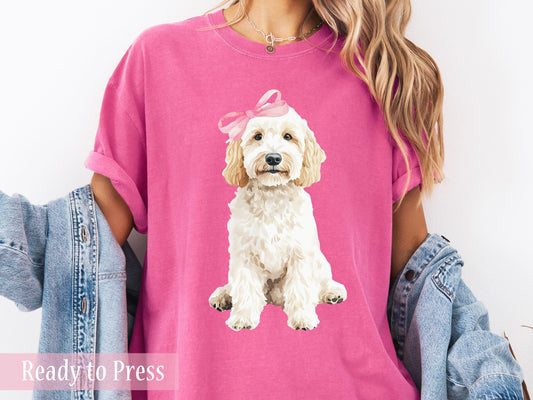 Preppy Watercolor Pink Bow Girl Cream Goldendoodle - Ready to Press DTF Transfers