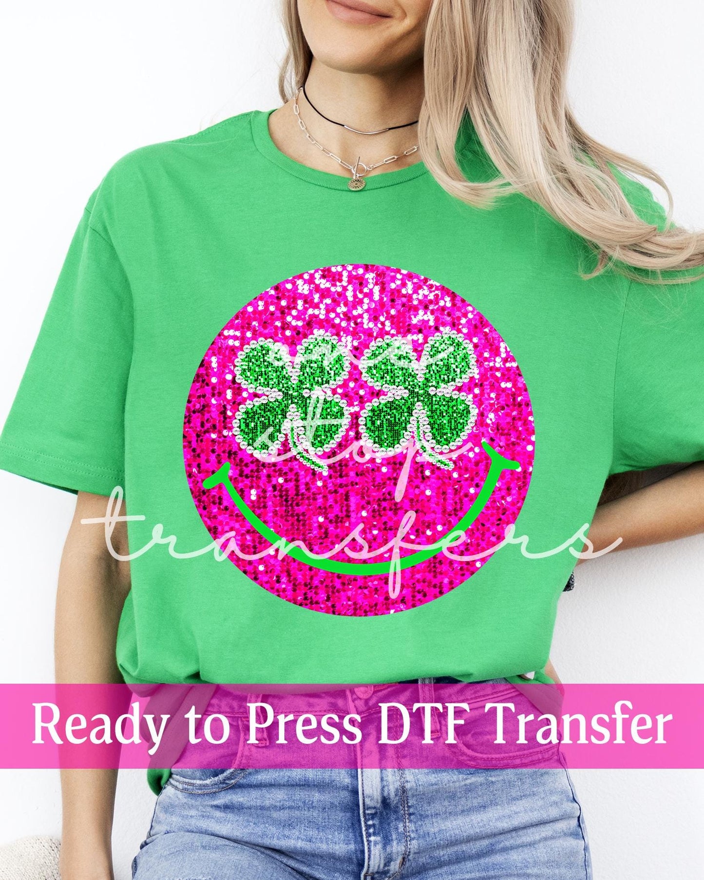 St. Patrick's Day Faux Sequin Hot Pink Smiley Face - Ready to Press DTF Transfers