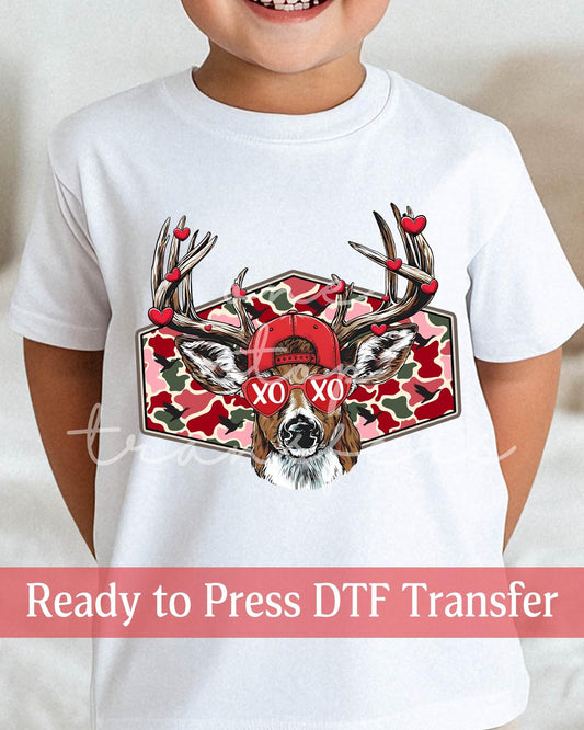 Valentine's Day Country Boy Camo XOXO Deer with Glasses - Ready to Press DTF Transfers