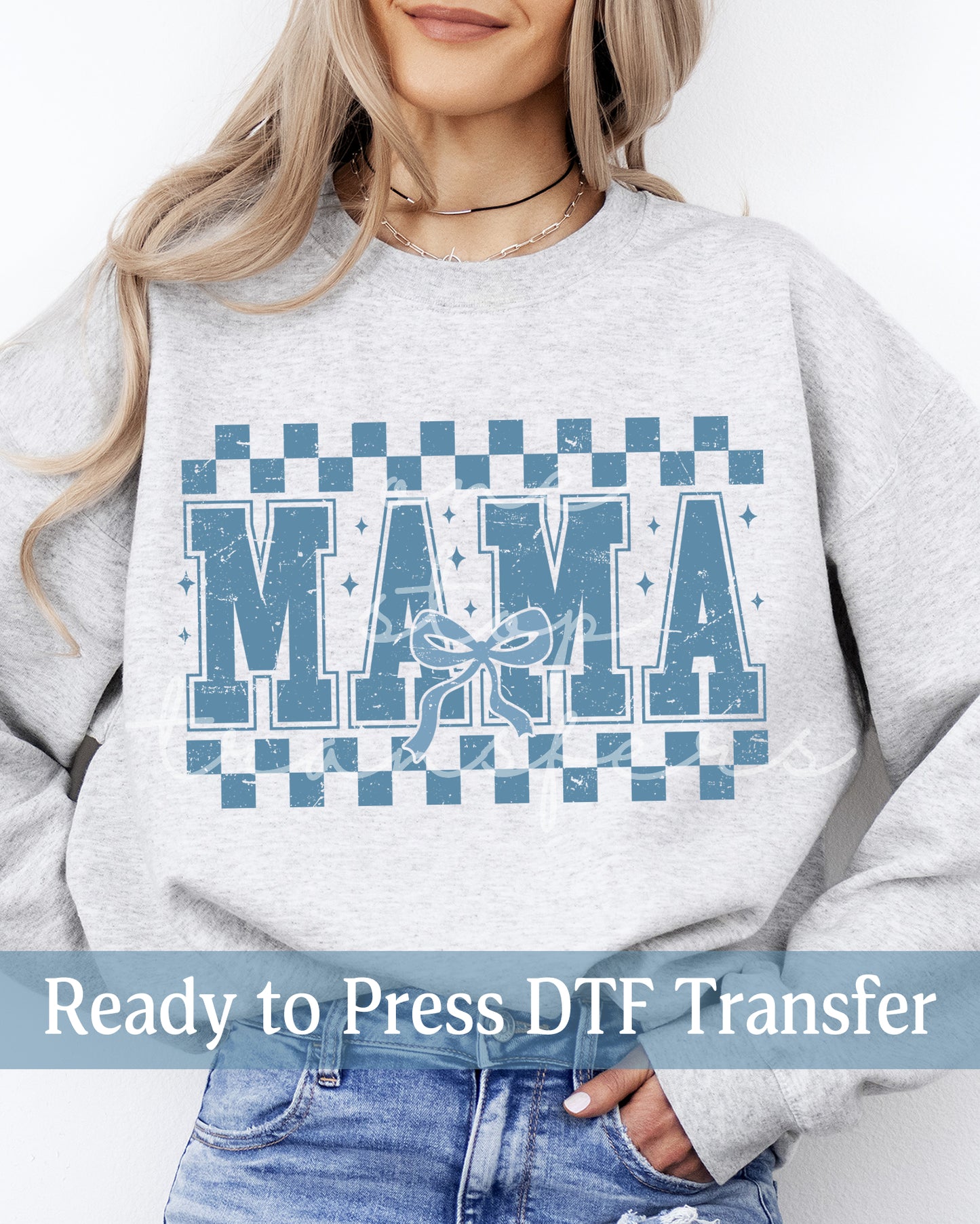 Blue Distressed Checker Coquette MAMA - Ready to Press DTF Transfers