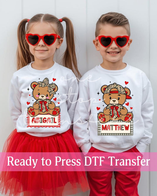 Custom Boy or Girl Valentine's Day Teddy Bear Hearts Name Plate - Ready to Press DTF Transfers