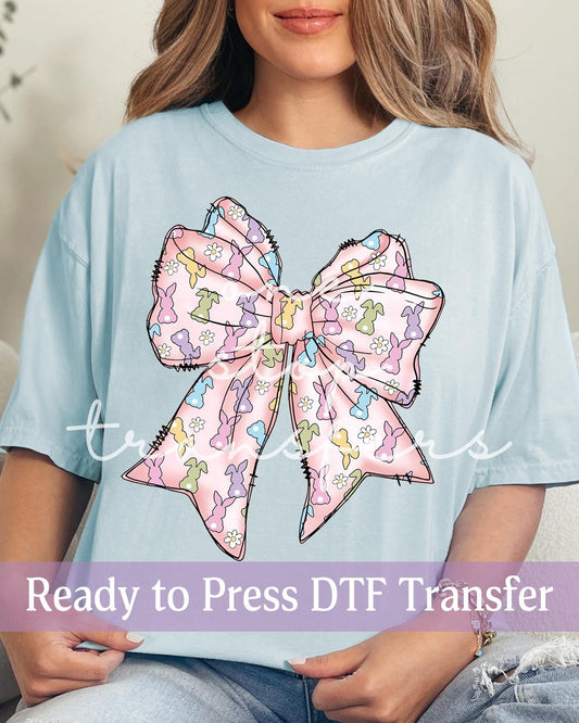 Coquette Pastel Easter Bunnies and Flowers Bow - Ready to Press DTF Transfers