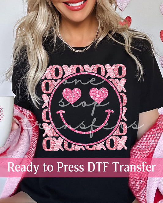 Valentine's Day Faux Glitter XOXO Smiley Face - Ready to Press DTF Transfers