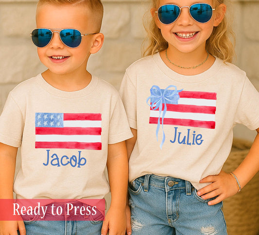 Custom Preppy Watercolor 4th of July Flags for Boys and Girls - Ready to Press DTF Transfers