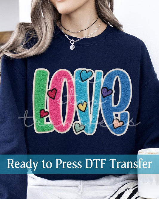 Valentine's Day Colorful Faux Chenille LOVE with Hearts - Ready to Press DTF Transfers