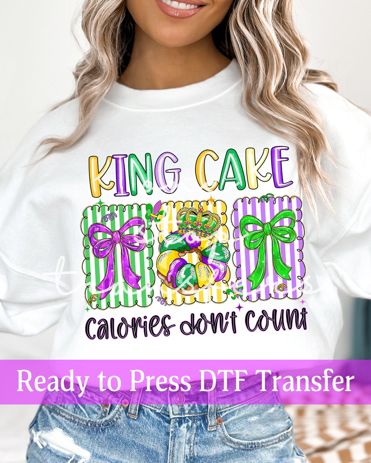King Cake Calories Don't Count Preppy Mardi Gras Striped Panels - Ready to Press DTF Transfers