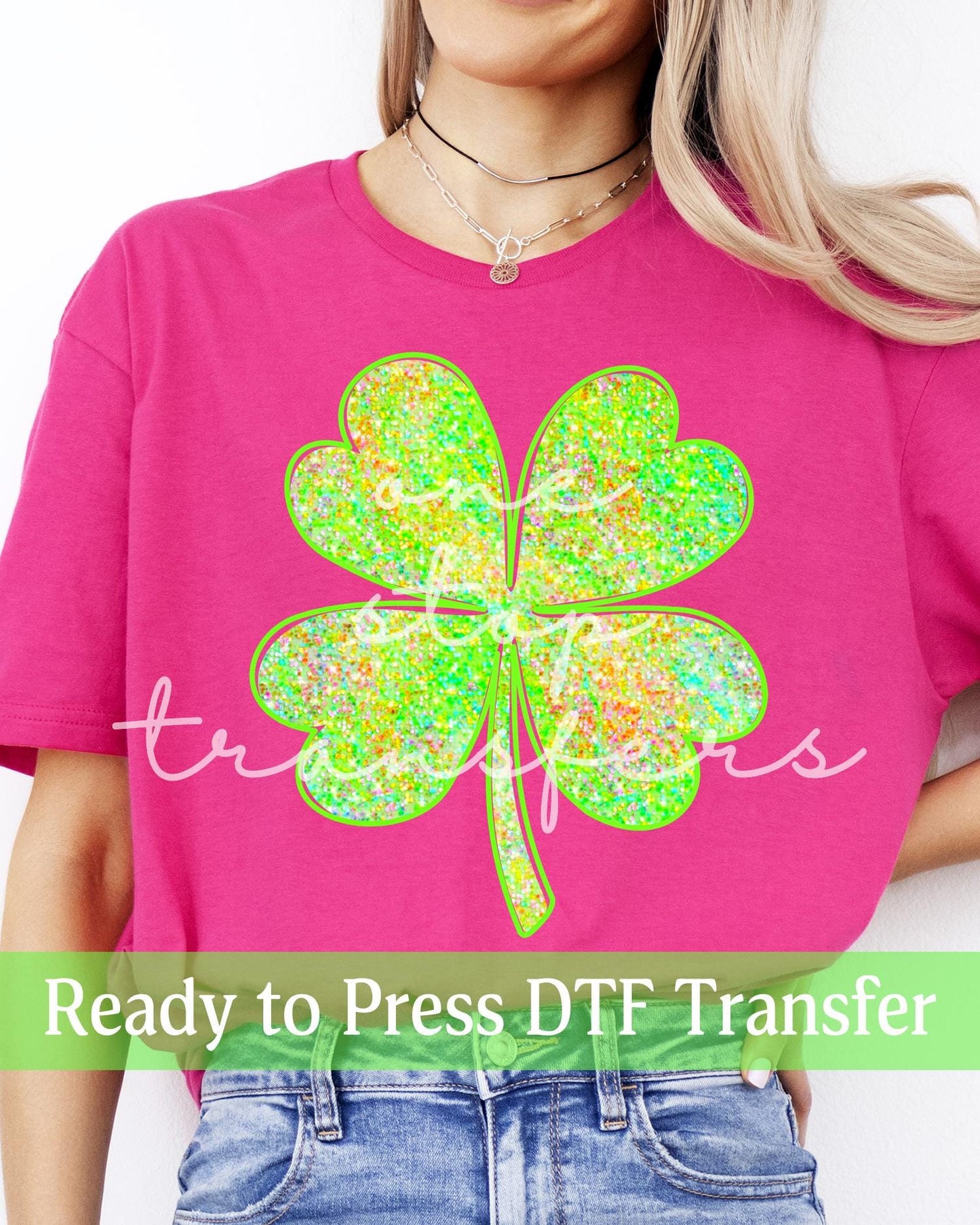 St. Patrick's Day Faux Glitter Neon Green Four Leaf Clover - Ready to Press DTF Transfers