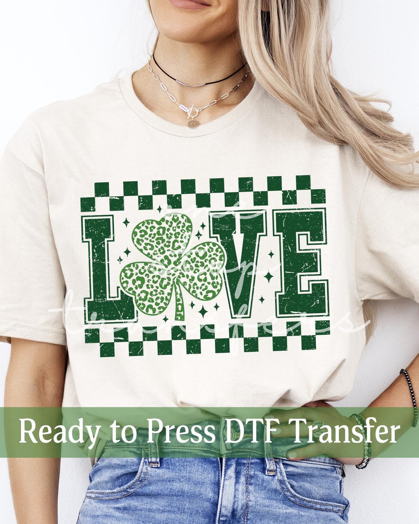 St. Patrick's Day Checker Varsity LOVE Shamrock - Ready to Press DTF Transfers