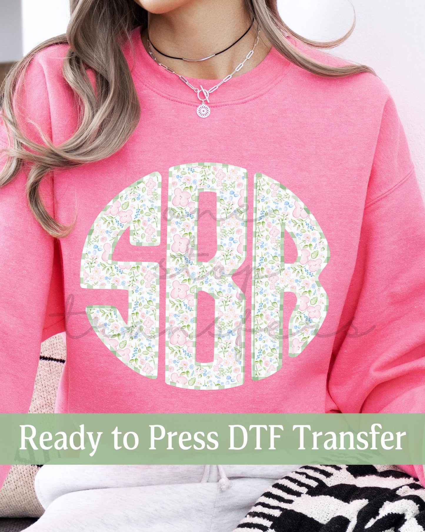Preppy Spring Easter Green Gingham Wildflowers Monogram - Ready to Press DTF Transfers