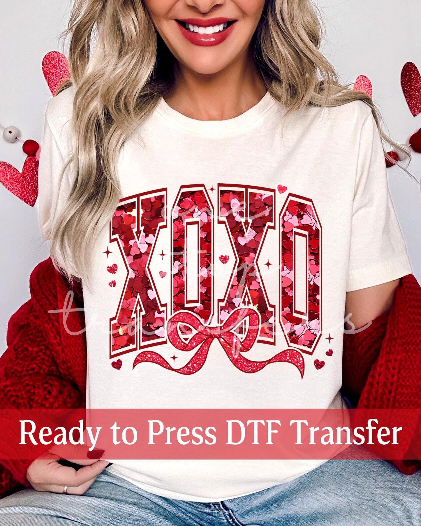 Valentine's Day Coquette Faux Glitter Hearts XOXO - Ready to Press DTF Transfers