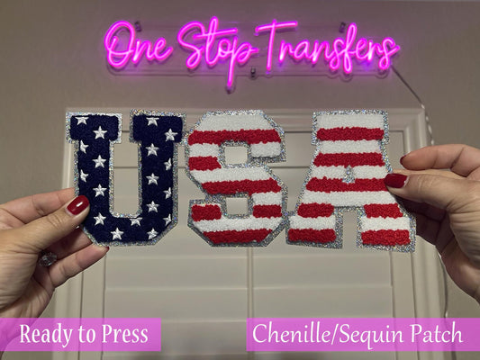 USA American Flag Chenille Letters Iron On Patch - Ready to Press Patches