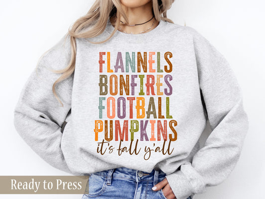 Flannels Bonfires Football Pumpkins It's Fall Y'all - Ready to Press DTF Transfers