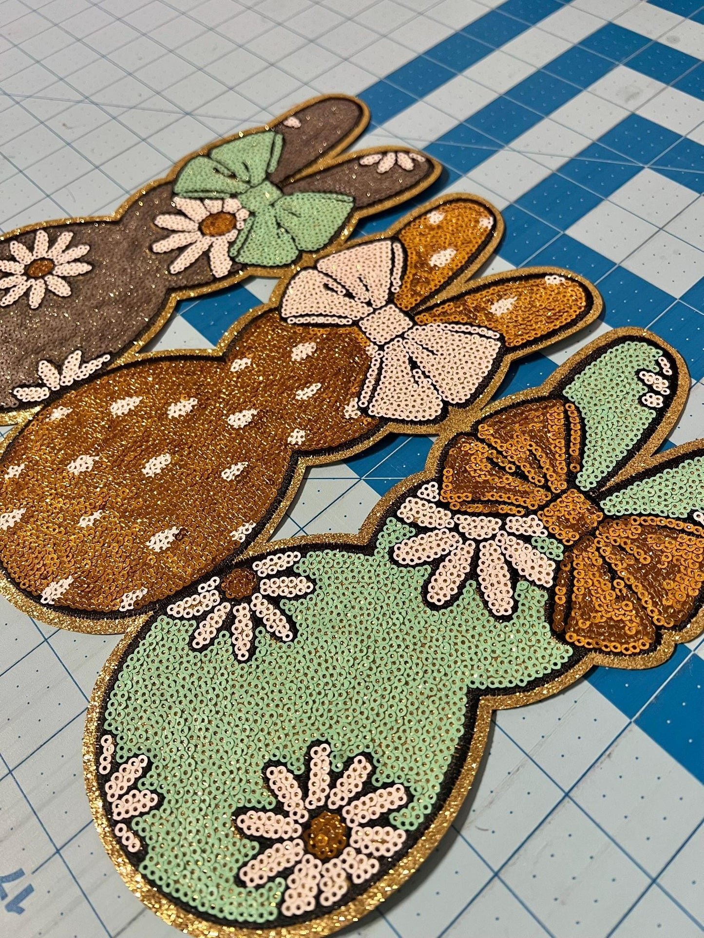 Pastel Trio Floral Bunnies Sequin Iron On Patch - Ready to Press Patches