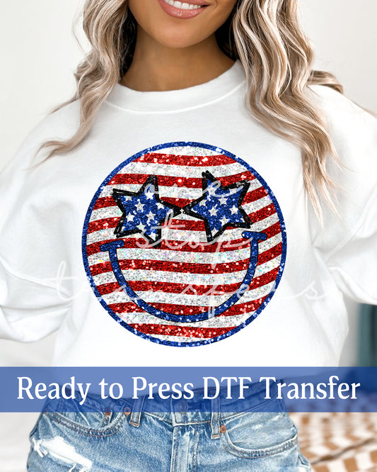 Faux Glitter Patriotic Smiley Face - Ready to Press DTF Transfers
