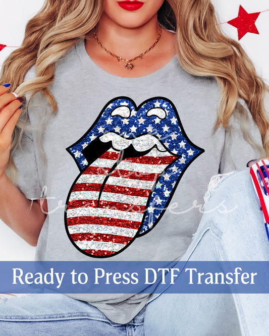 Faux Glitter Patriotic Tongue Out - Ready to Press DTF Transfers