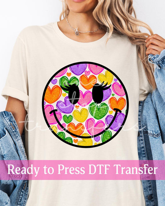 Faux Sequin Colorful Hearts Smiley Face  - Ready to Press DTF Transfers