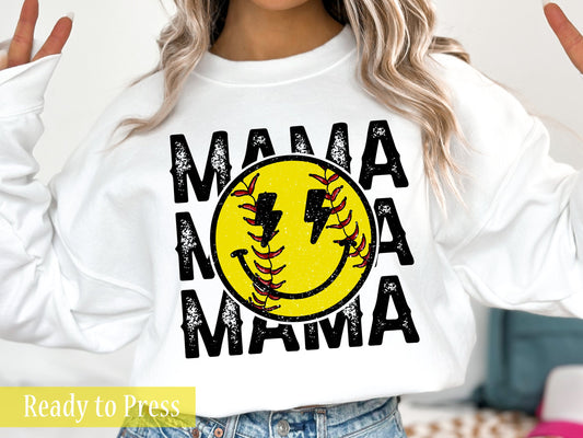 Stacked Softball Mama Smiley Face - Ready to Press DTF Transfers