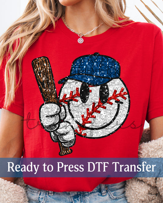 Faux Glitter Baseball Smiley Face - Ready to Press DTF Transfers