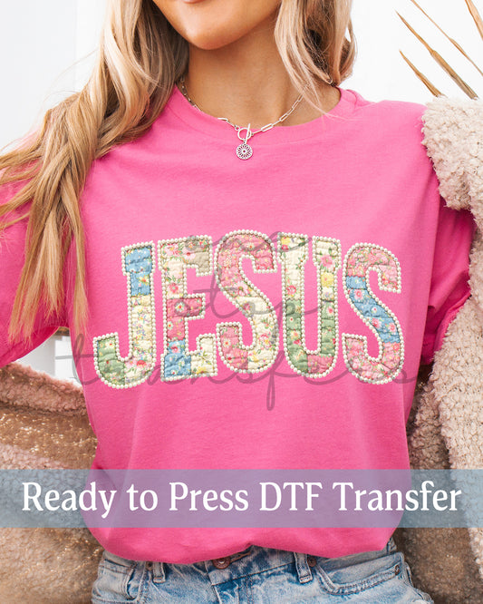 Preppy Pastel Patchwork and Pearls JESUS - Ready to Press DTF Transfers