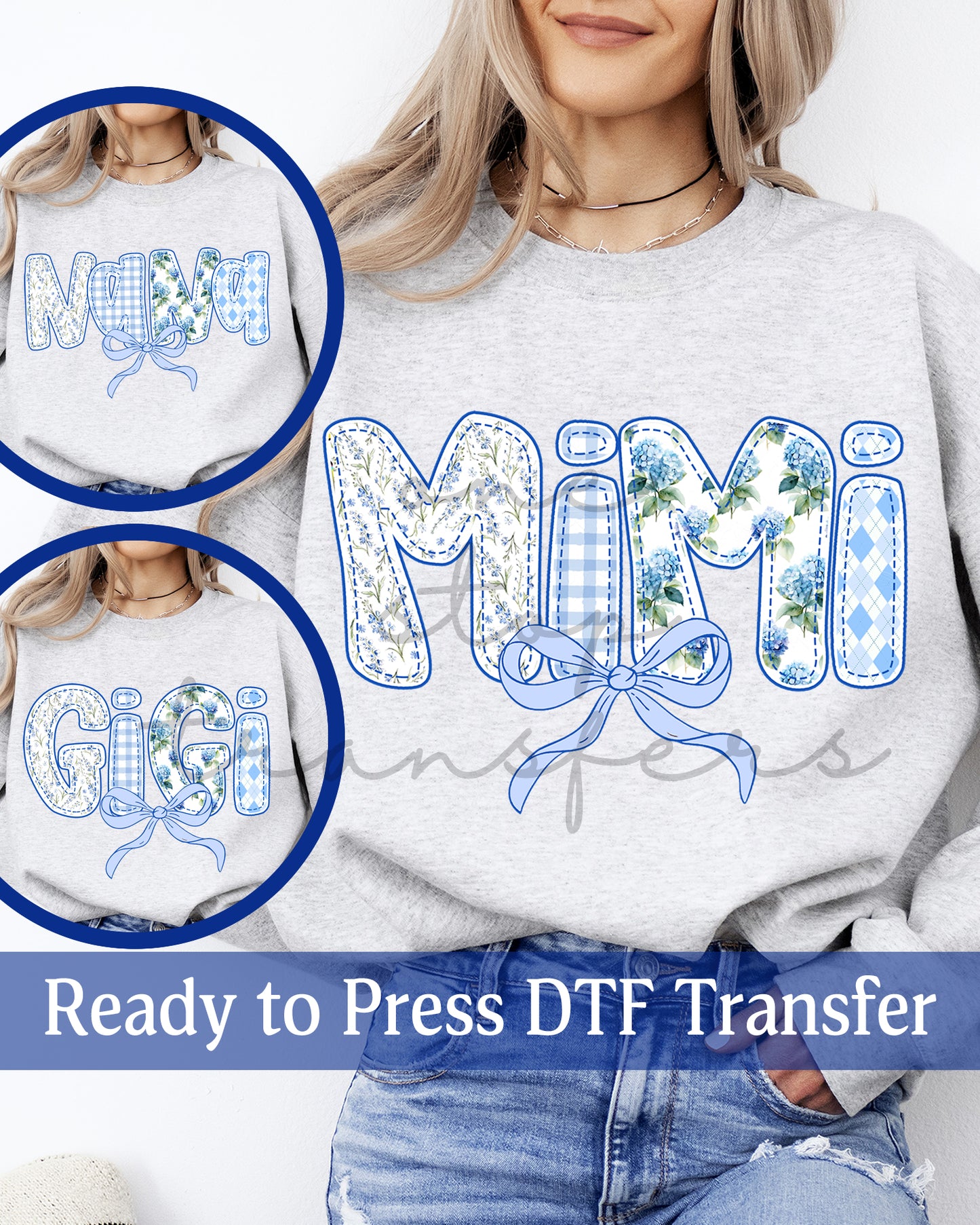 Preppy Blue Hydrangea Coquette Mimi, Nana, Gigi - Ready to Press DTF Transfers