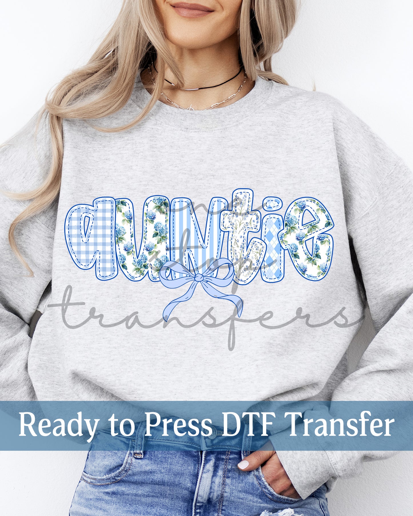 Preppy Blue Hydrangea Coquette Mama, Auntie - Ready to Press DTF Transfers