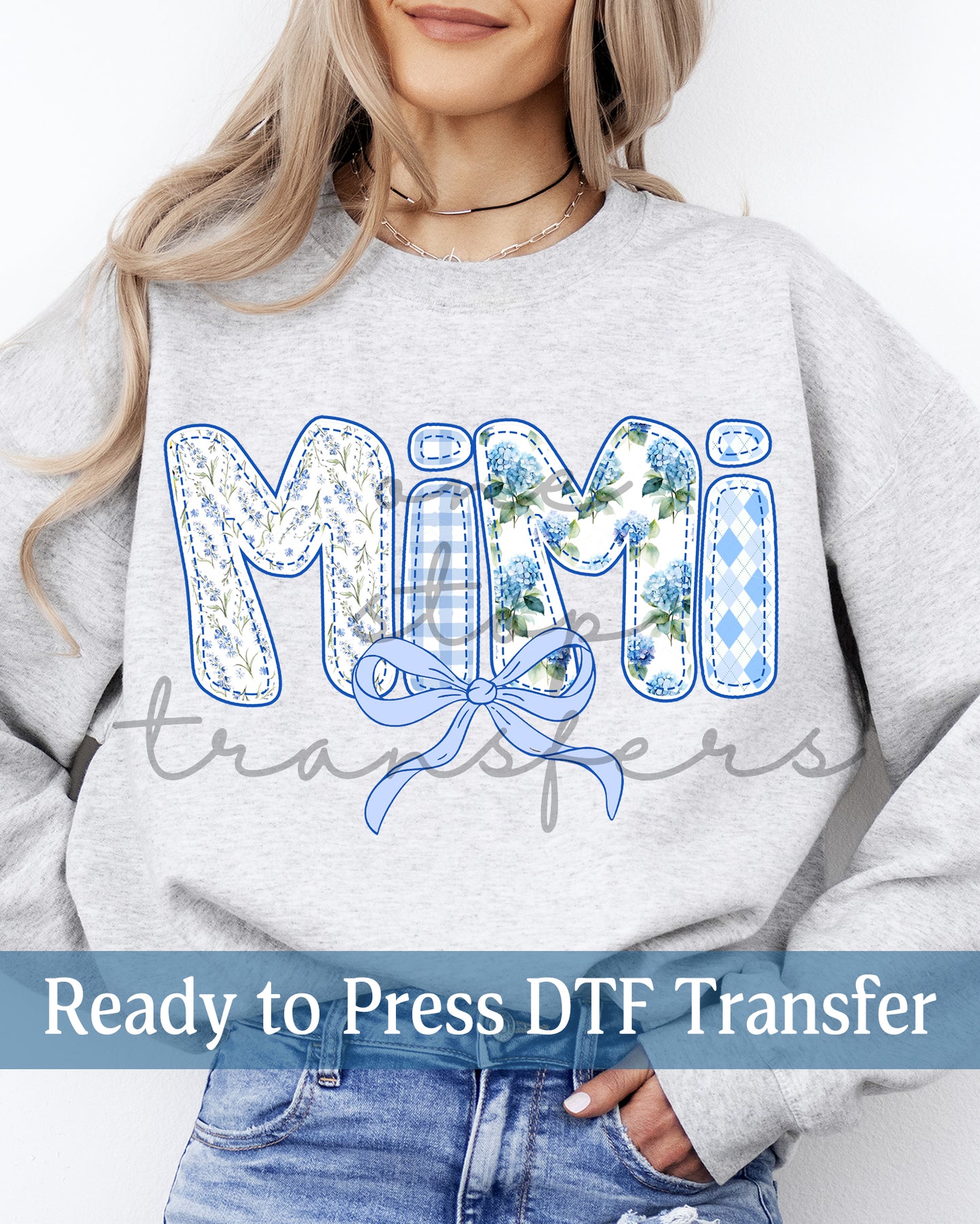 Preppy Blue Hydrangea Coquette Mimi, Nana, Gigi - Ready to Press DTF Transfers
