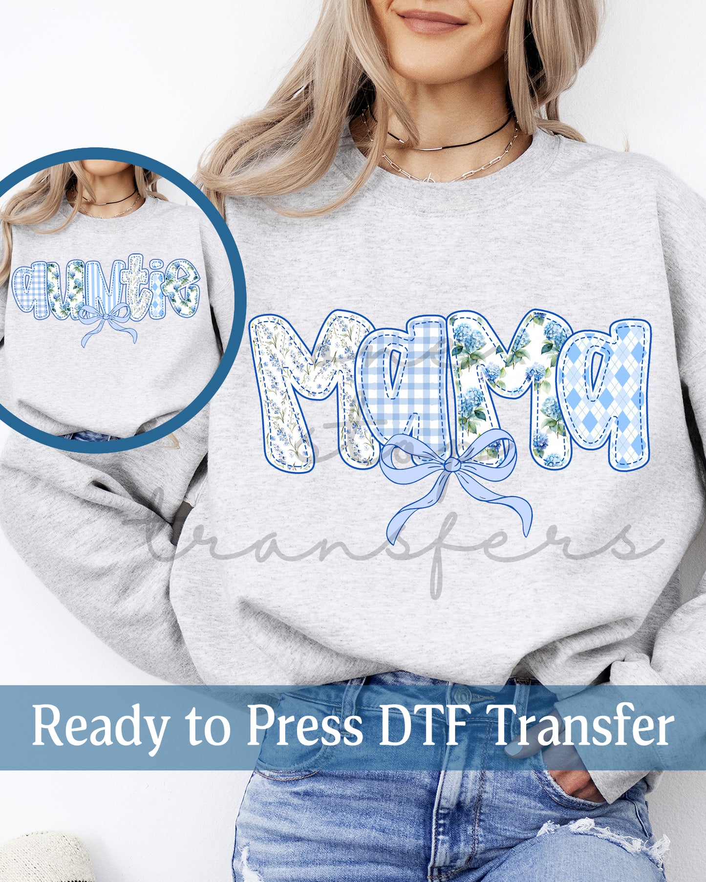 Preppy Blue Hydrangea Coquette Mama, Auntie - Ready to Press DTF Transfers