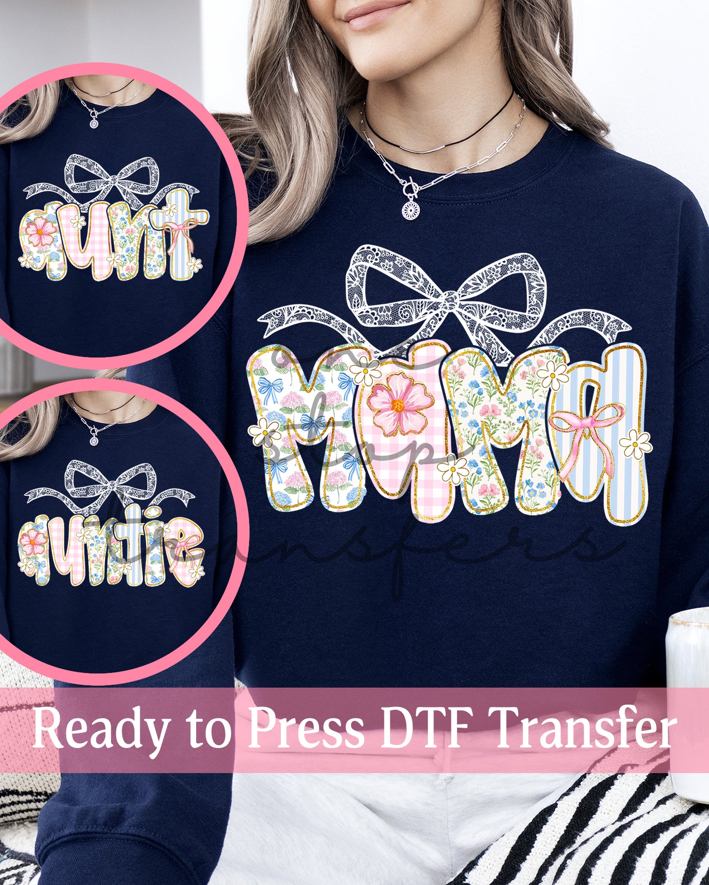 Preppy Floral Lace Coquette Mama, Aunt, Auntie - Ready to Press DTF Transfers