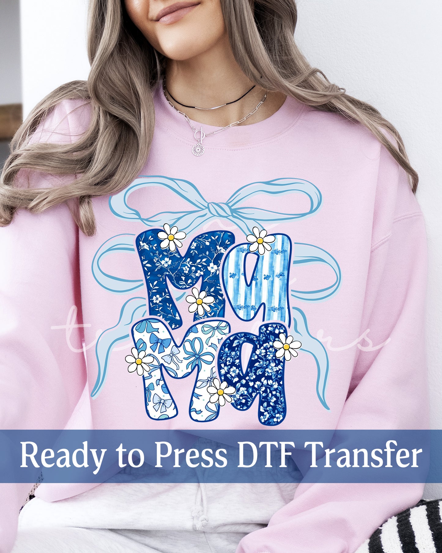 Navy Blue Preppy Floral Coquette Mama, Auntie - Ready to Press DTF Transfers