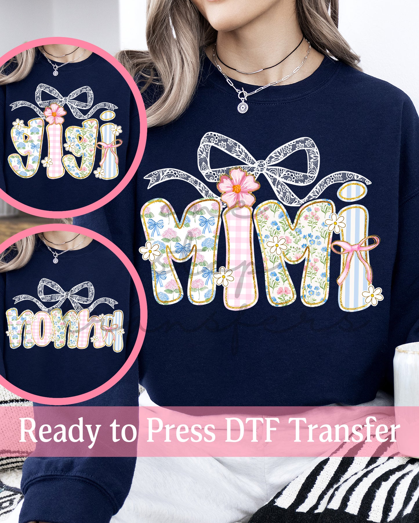 Preppy Floral Lace Coquette Mimi, Gigi, Nonna - Ready to Press DTF Transfers