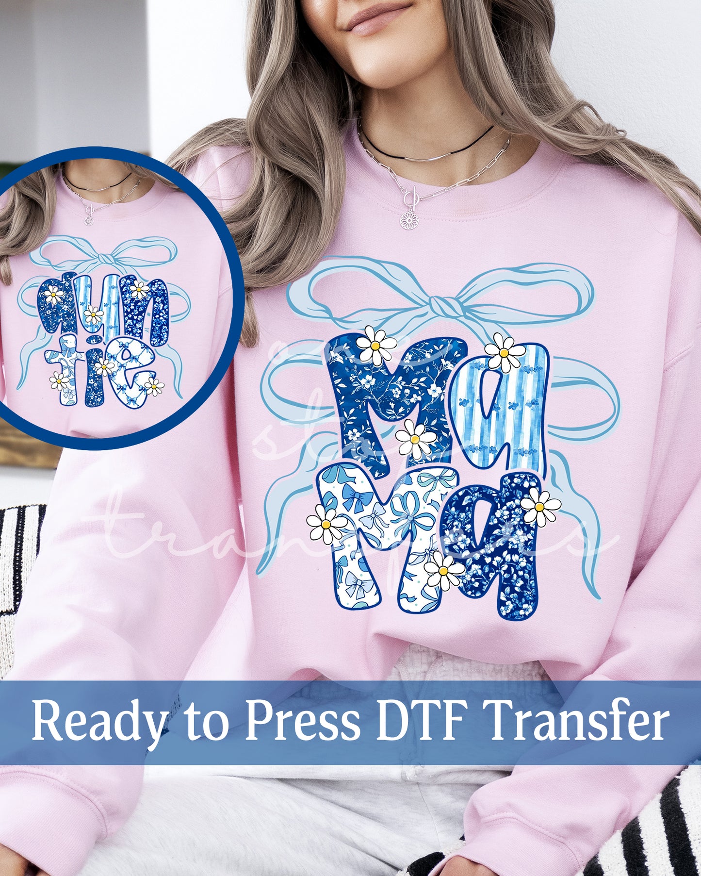 Navy Blue Preppy Floral Coquette Mama, Auntie - Ready to Press DTF Transfers